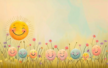 Sun smiling on little flower like characters in the grass.