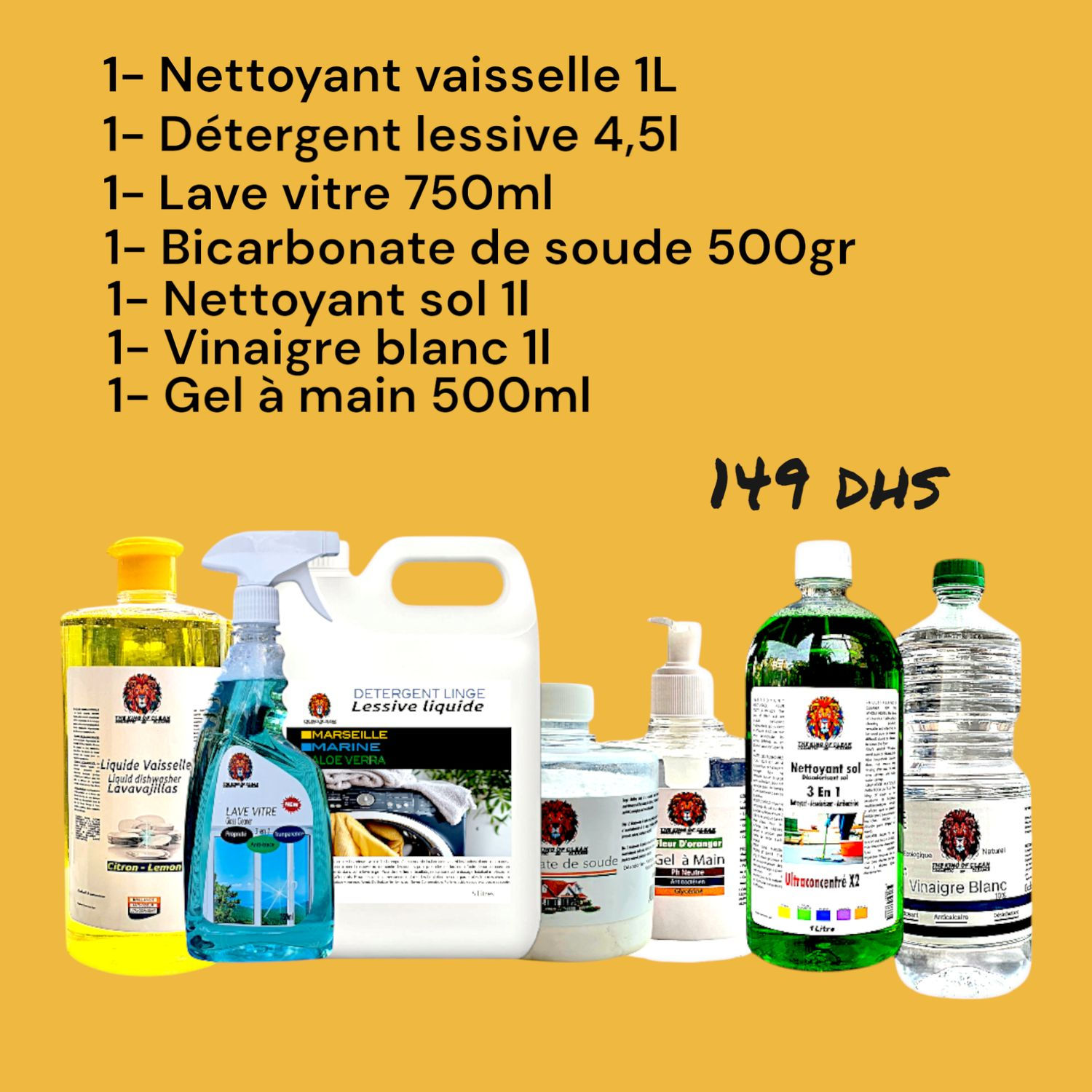 Contenu du Pack Promo Numéro 3 : produits d'entretien à 149 DHS.