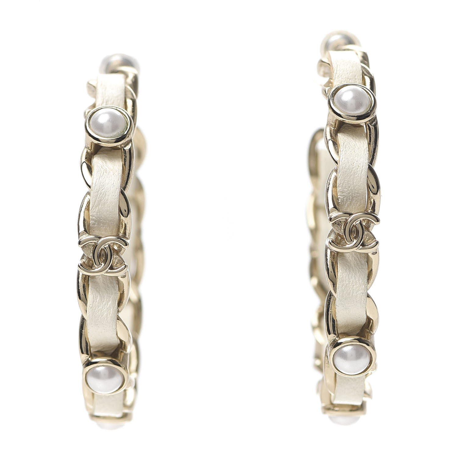 CHA082 : CHANEL Leather Pearl Hoop Earrings IVORY Gold Hardwaree