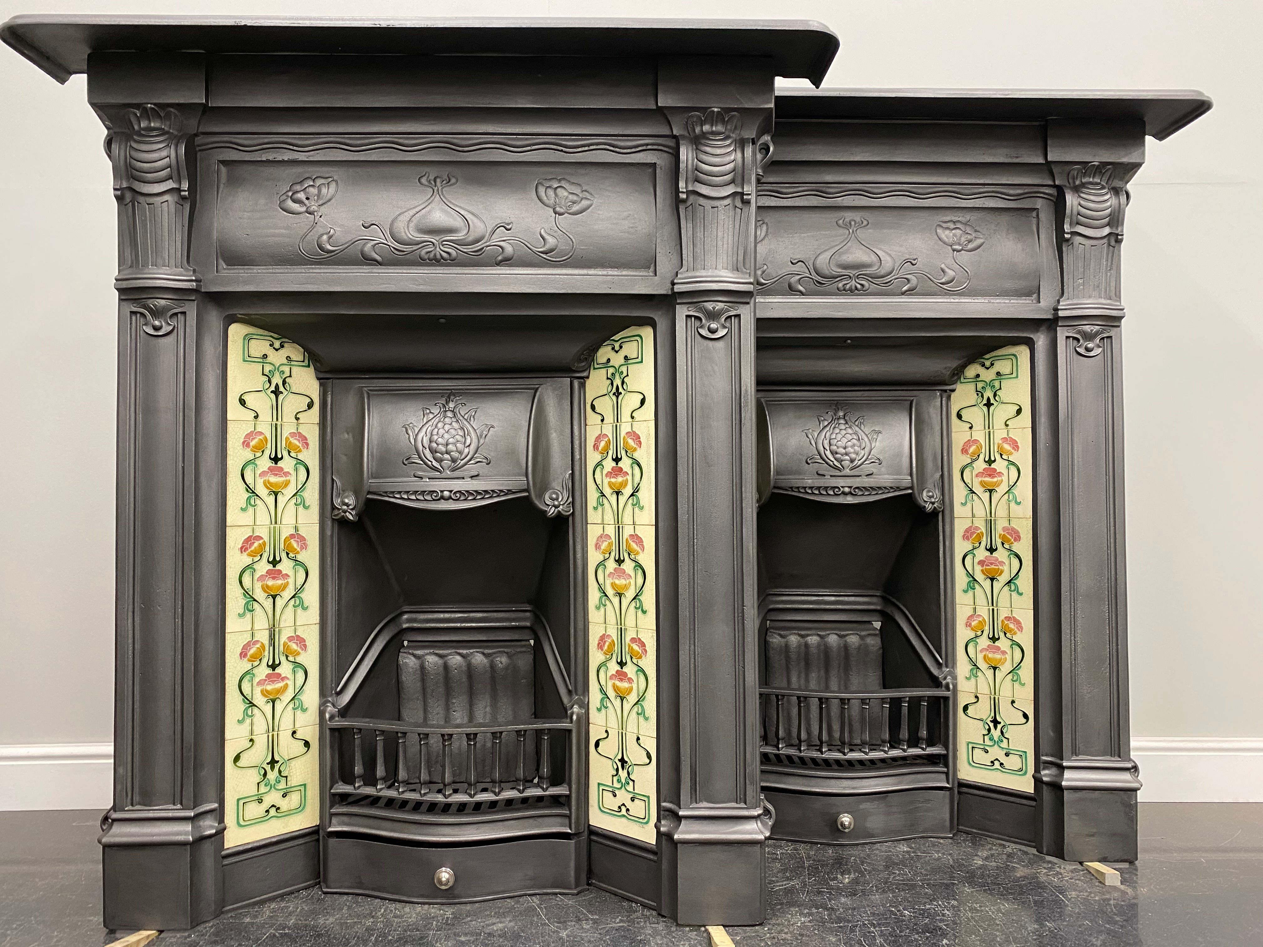 Matching Pair of Original Antique Art Nouveau Tiled Combination Grate Fireplaces