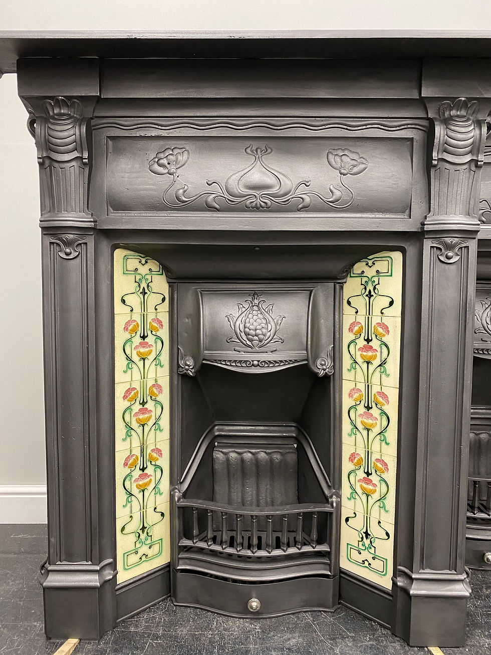 Thumbnail: Matching Pair of Original Antique Art Nouveau Tiled Combination Grate Fireplaces