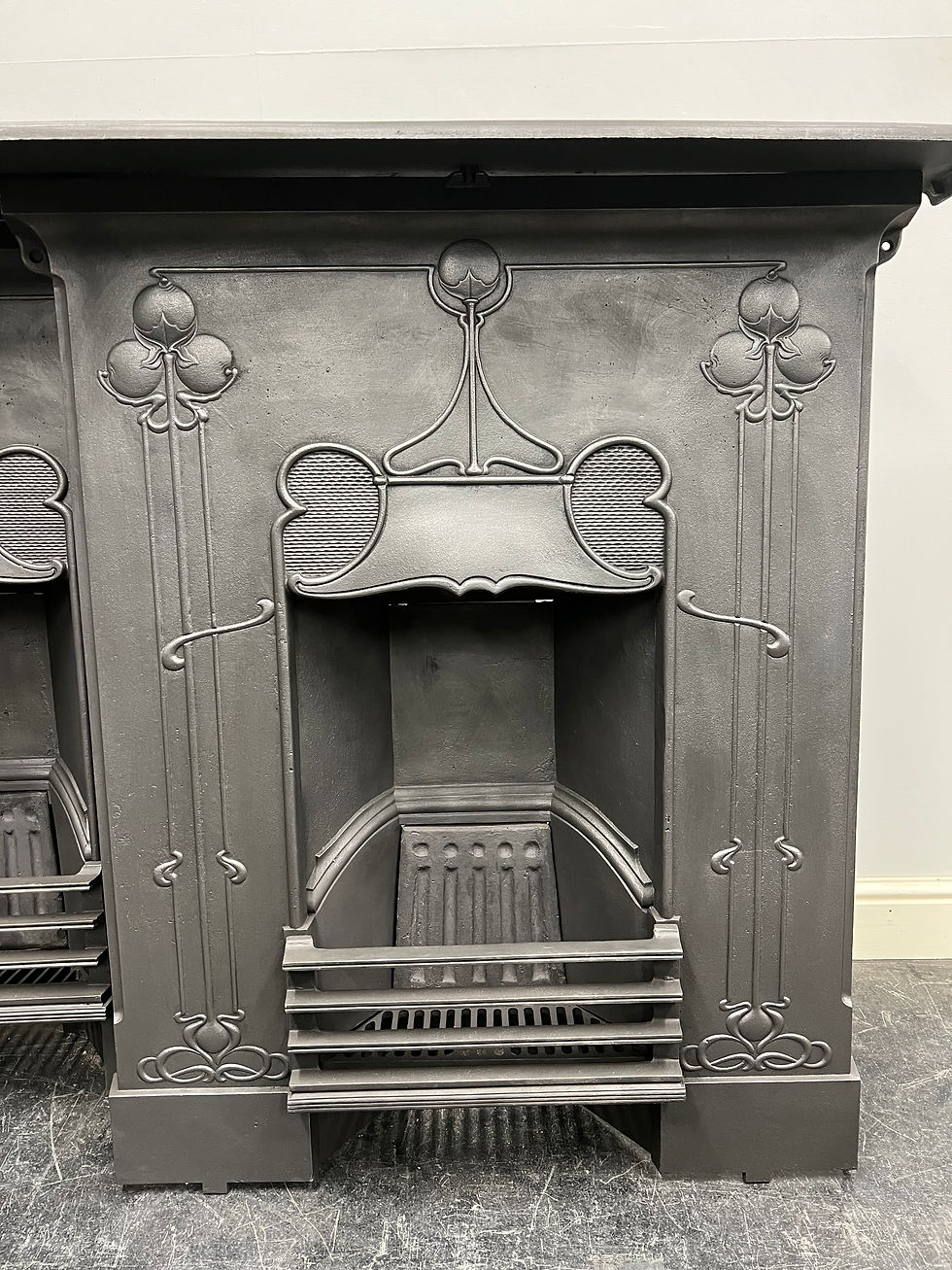 Thumbnail: Original Antique Matching Pair Bedroom Art Nouveau Combination Grate Fireplaces