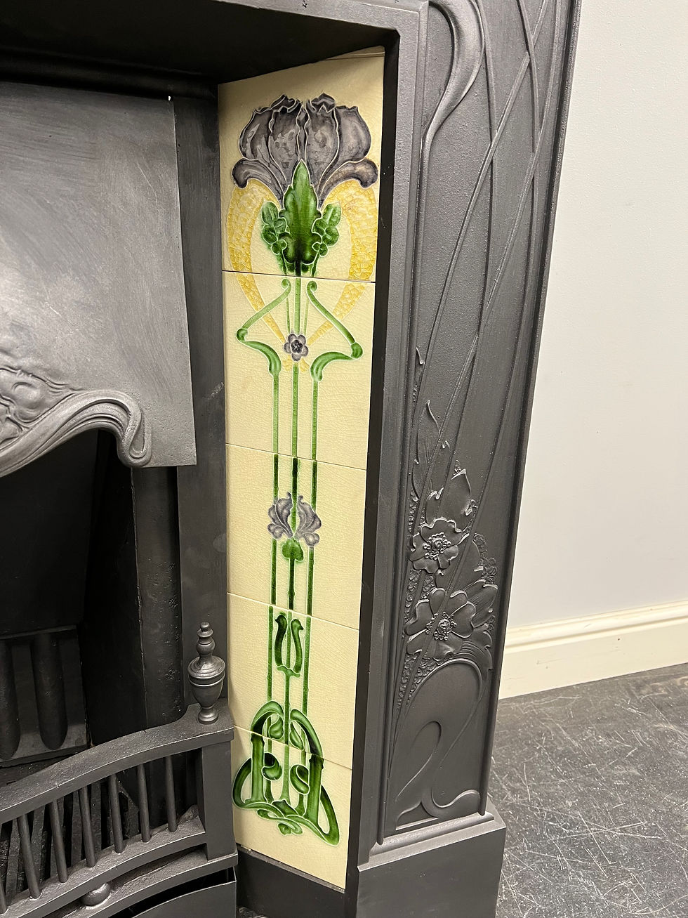 Thumbnail: Large Original Antique Art Nouveau Tiled Cast Iron Combination Grate "The Wilba"