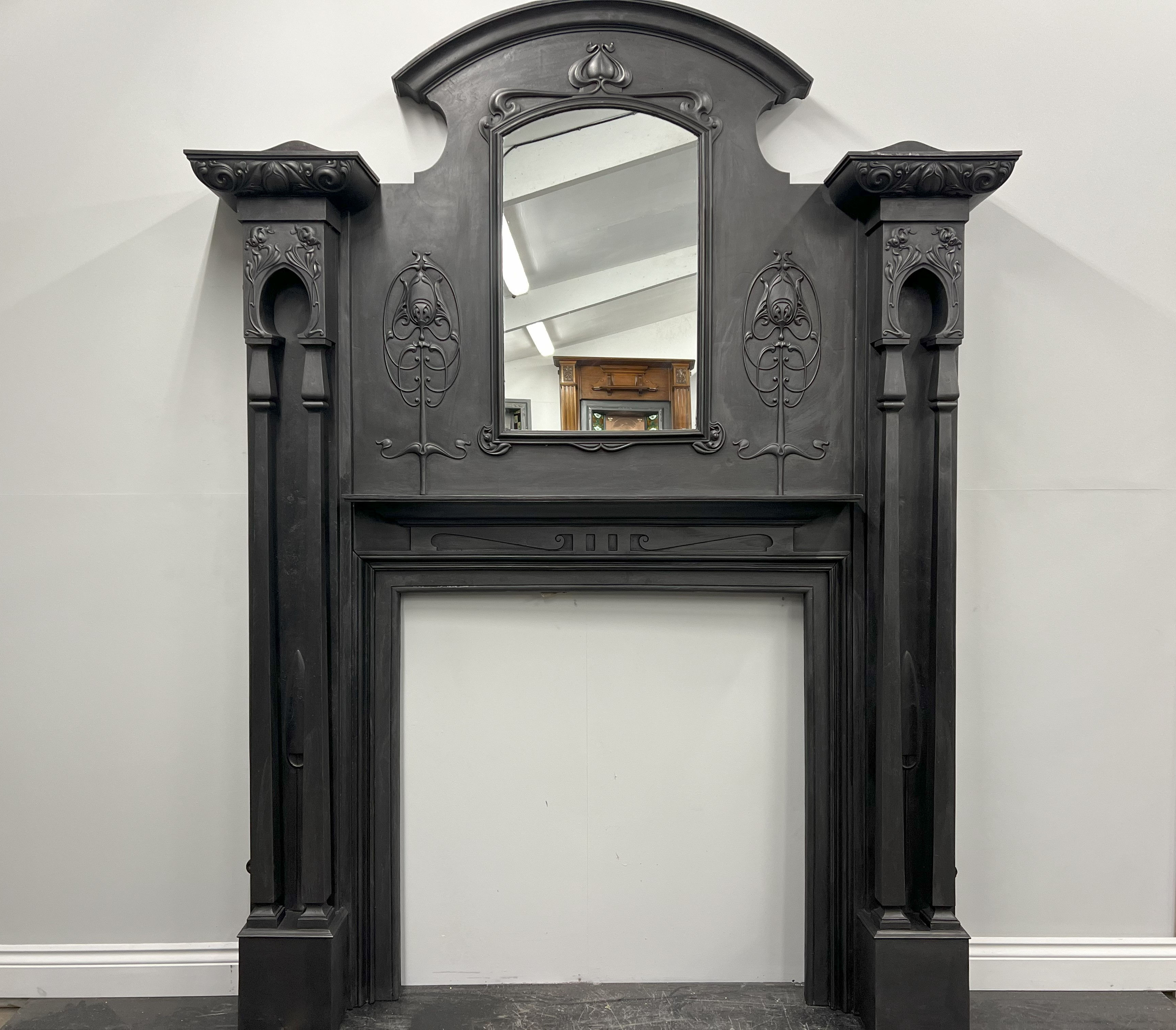 Original Antique Art Nouveau Cast Iron Overmantle Mirror Fireplace Fire Surround