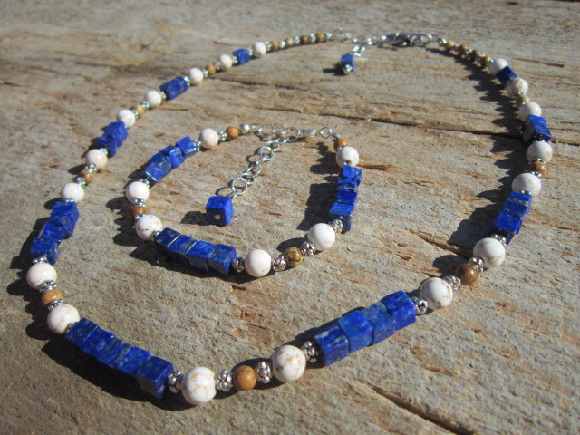 Lapis lazuli, marble, jasper and silver necklace