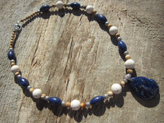 Lapis , river stone, jasper & silver necklace