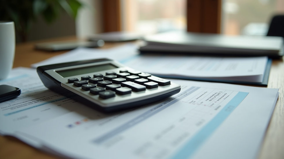 Eye-level view of a calculator and tax documents on a wooden table
