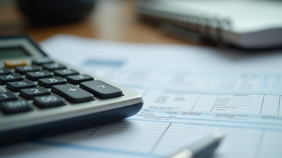 Close-up view of a calculator and tax documents on a desk