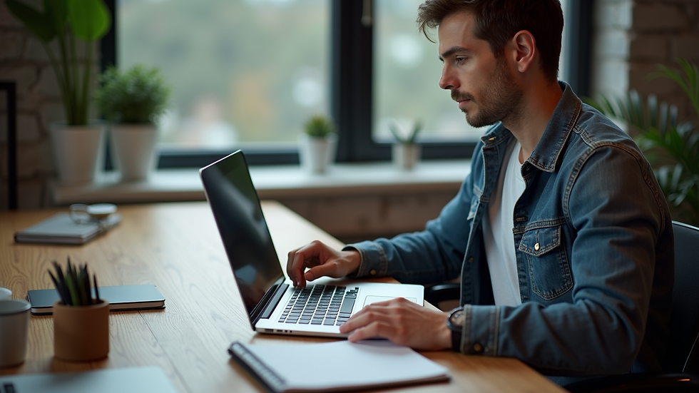 High angle view of a small business owner working on a laptop