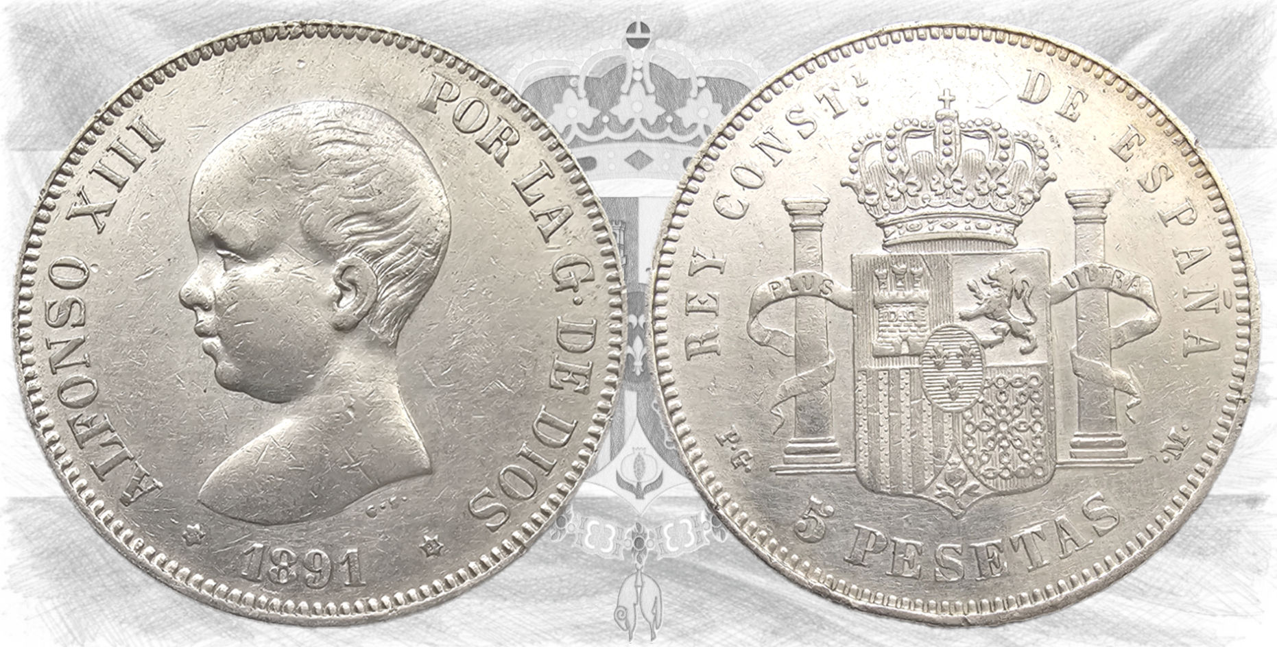Alfonso XIII. 5 Pesetas. 1891. Estrellas *18 *91. PG M