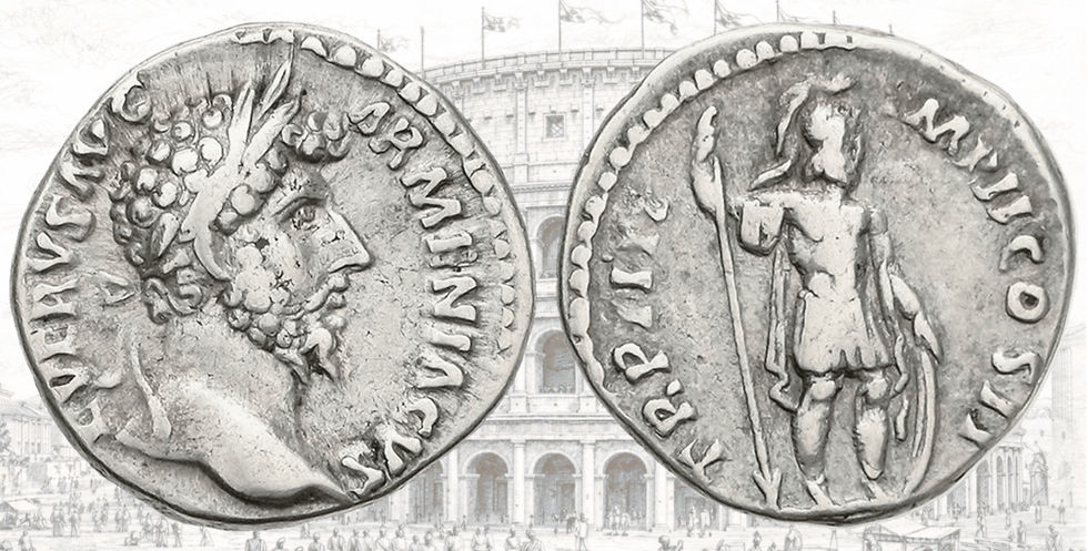 Denario de Lucio Vero. RIC 516. TR P IIII IMP II COS II. Marte