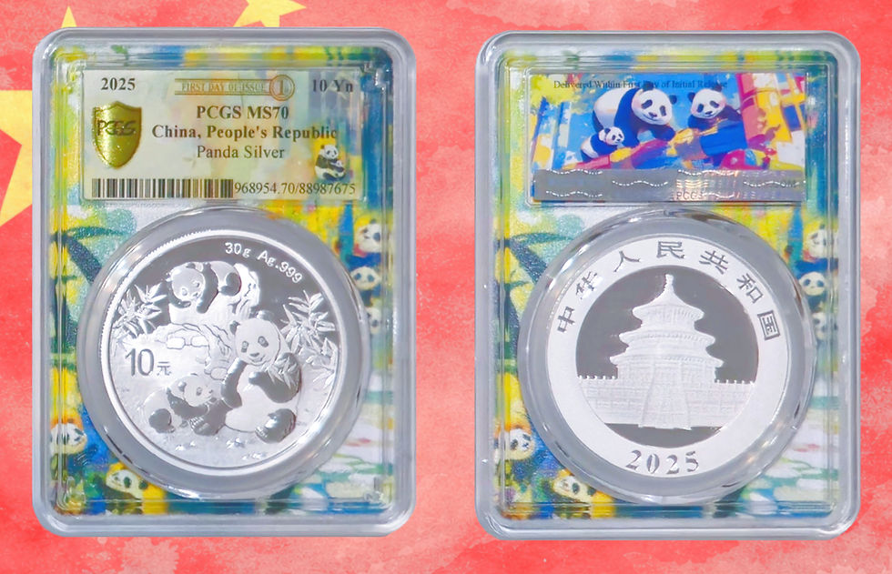 Miniatura: China, 10 Yuan, 2025. 1 Onza plata. Osos Panda. PCGS MS 70 - First Day of Issue