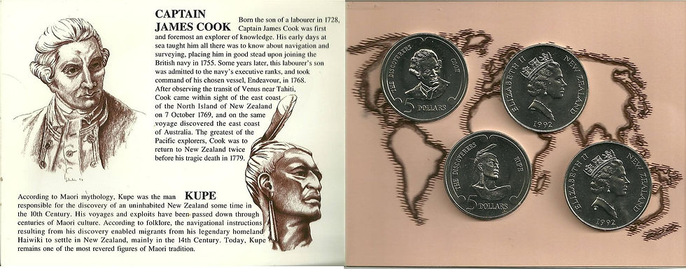 Miniatura: Nueva Zelanda, 1992,  Set Expo 92.  Cuatro monedas de 5 $.  Set en perfecto estado.  Calidad: SC.