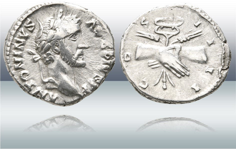 Denario de Antonino Pio. Manos entrelazadas. RIC III Antoninus Pius 136.