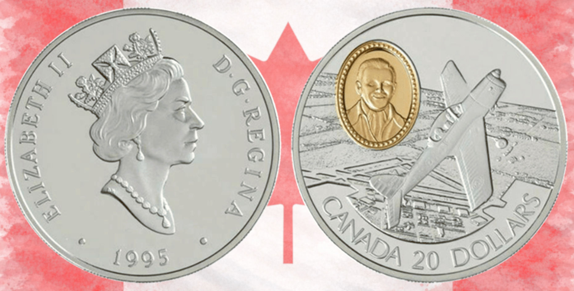 Canadá, 20 Dólares, 1995.  Proof. Gold Plated. DHC-1 Chipmunk, Russell Bannock.