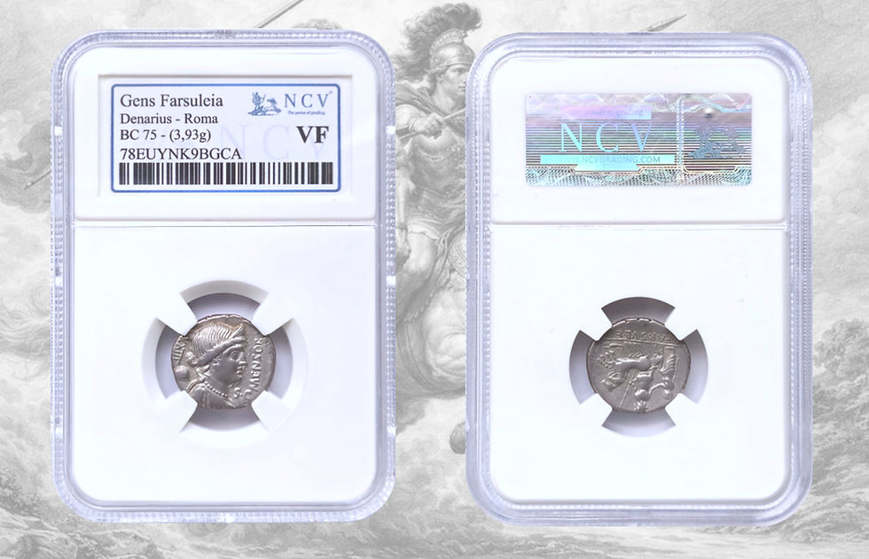 Miniatura: Denario Republica Romana. Denario Gens Farsuleia. Crawford 392/1a. L. Farsuleius Mensor. NCV VF. NCV Grading