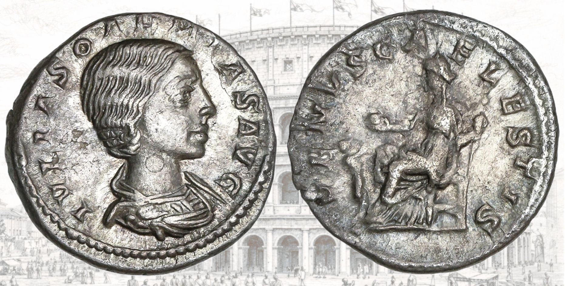 Denario de Julia Soemias, Denario de Julia Soaemias. RIC IV Elagabalus 243. VENVS CAELESTIS. Venus