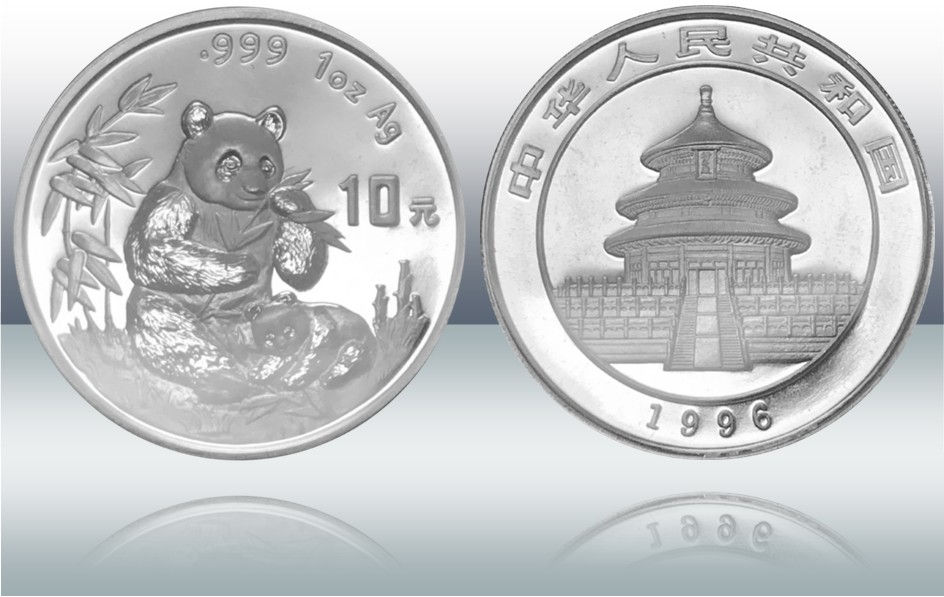 China, 10 Yuan, 1996. 1 Onza plata. Osos Panda