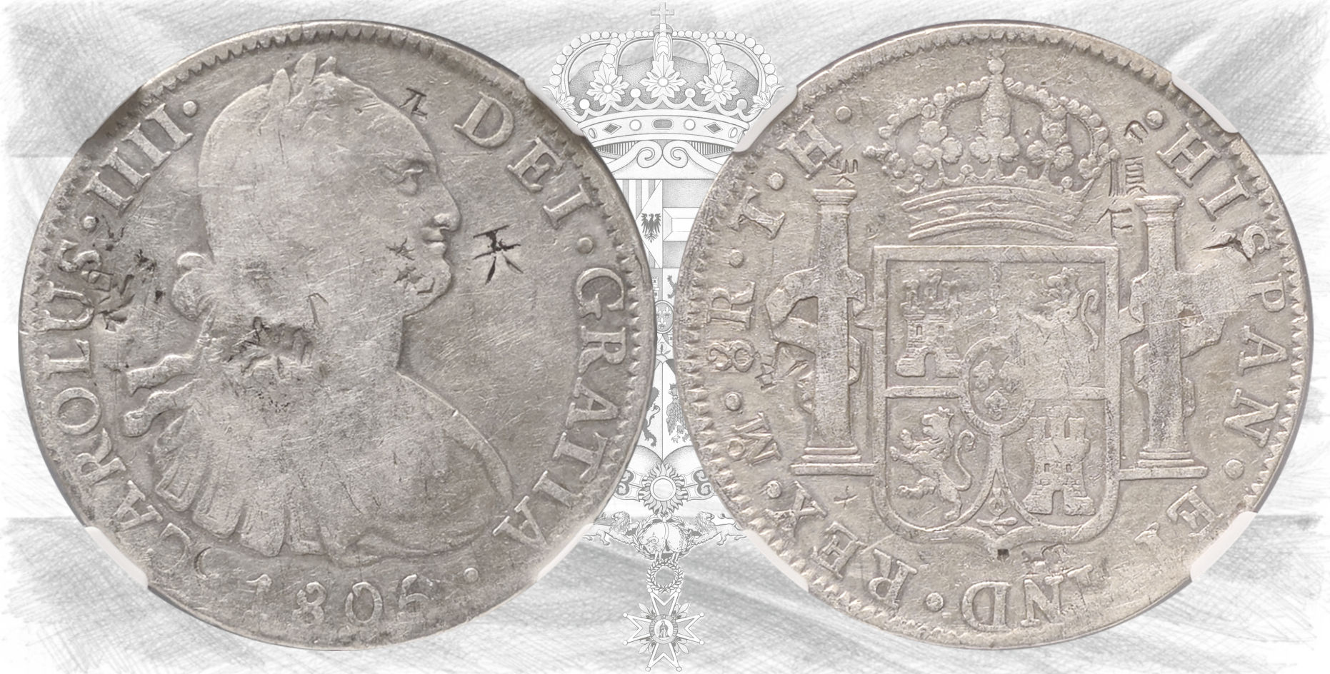 Carlos IV. 8 Reales, 1805 Méjico TH. NGC Chopmarked. NGC Coin Grading.
