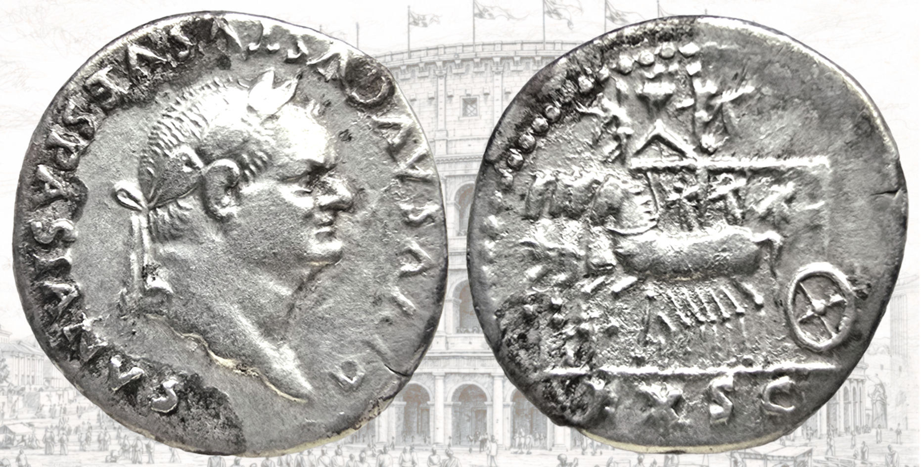Denario de Vespasiano. RIC II, Part 1 Titus 361. EX S C. Cuádriga