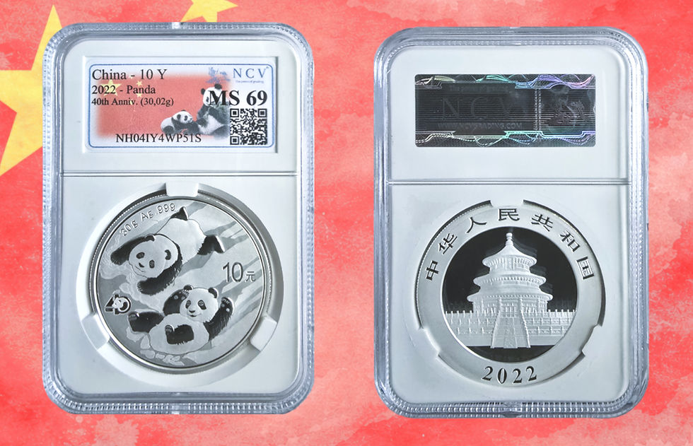 Miniatura: China, 10 Yuan, 2022. 1 Onza plata. Osos Panda. NCV MS 69