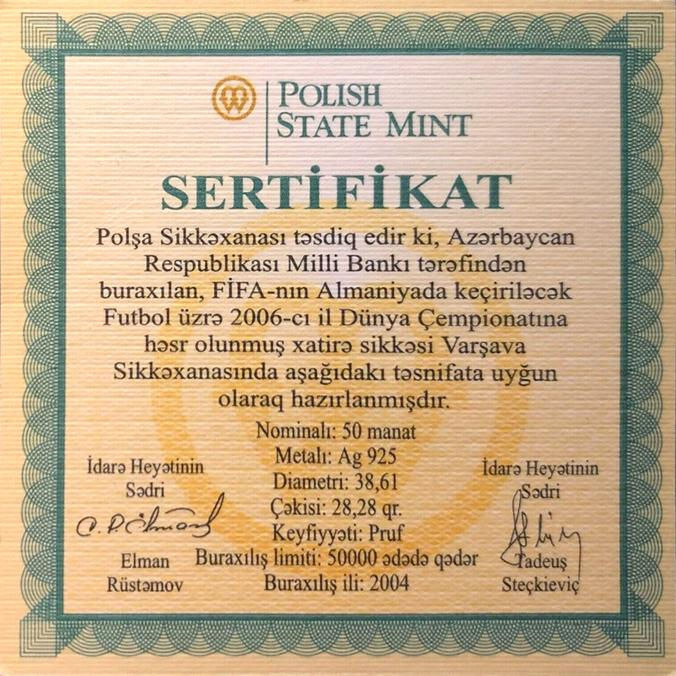 Miniatura: Azerbaijan, 50 Manat, 2004. Proof. FIFA World Cup, 2006