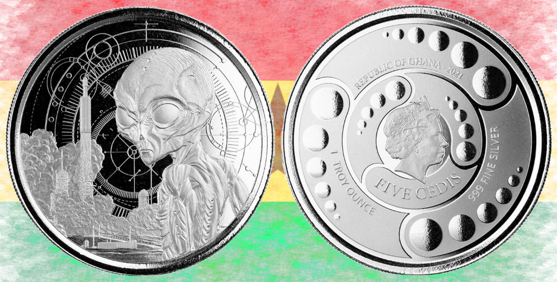 Moneda de Ghana. 5 cedis 2021. Alien. The Aliens are here.