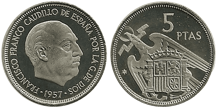 5 PESETAS, 1957 (*72). PROOF