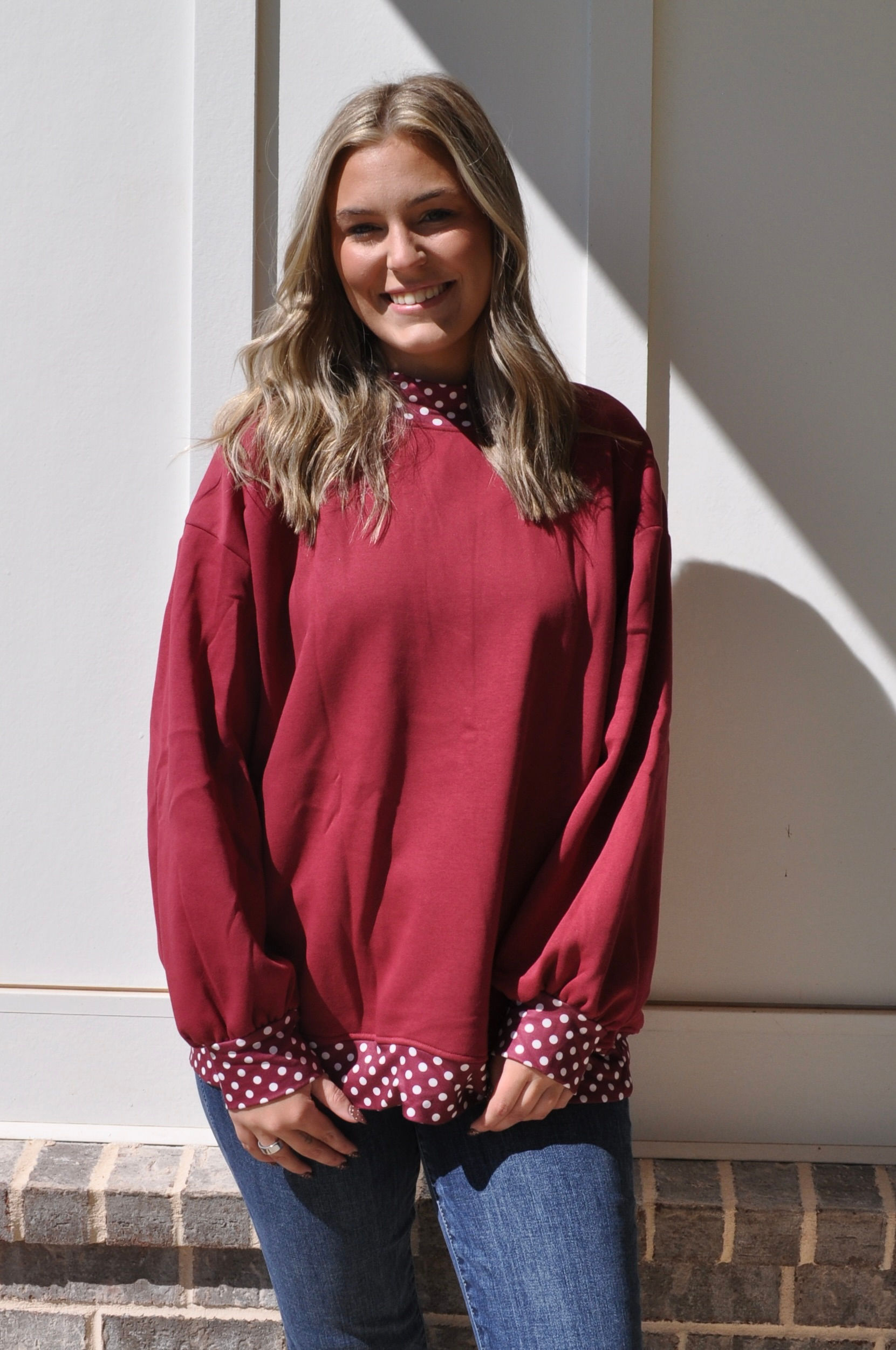 Polka Dot Trim Mockneck Sweatshirt