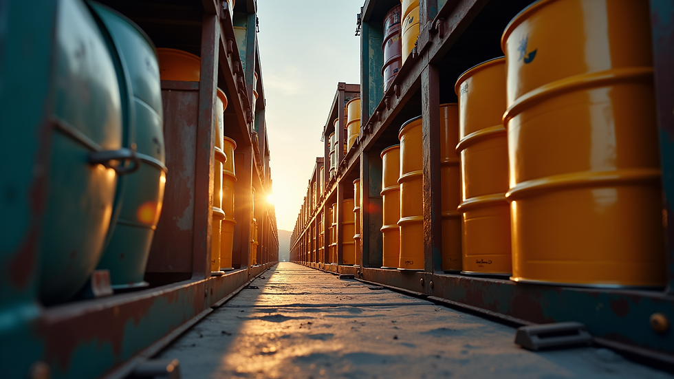 Eye-level view of a large shipping container loaded with palm oil drums