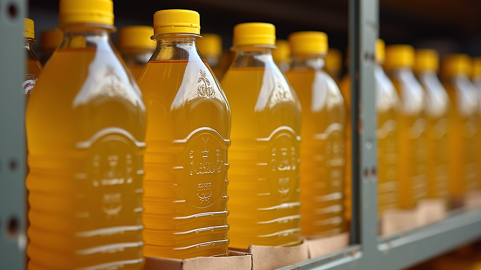 Close-up view of 5-liter refined sunflower oil bottles packed in export cartons