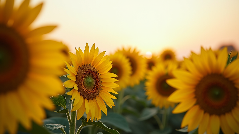 Eye-level view of sunflower fields in Tanzania with bright yellow flowers
