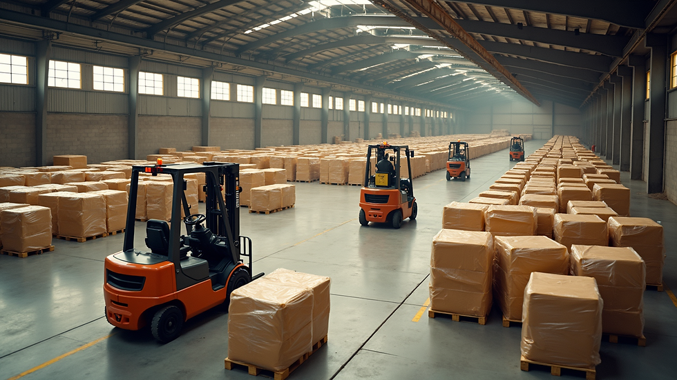 High angle view of forklifts moving sugar pallets in a spacious Tanzania warehouse with natural lighting