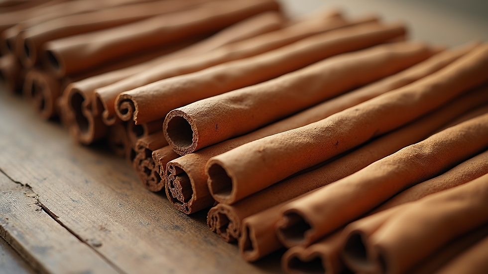 High angle view of cinnamon sticks bundled and ready for packaging
