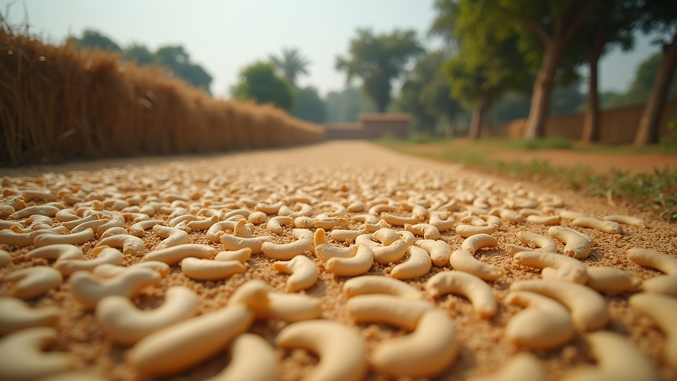 Eye-level view of cashew nuts drying on large mats in a Tanzanian farm