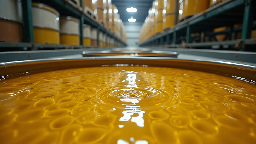 Eye-level view of large storage tanks filled with refined sunflower oil in a Tanzanian warehouse