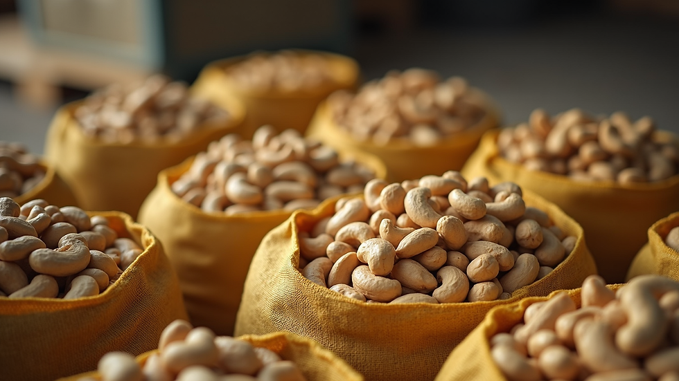 High angle view of packed cashew nut bags ready for export in Dar es Salaam warehouse