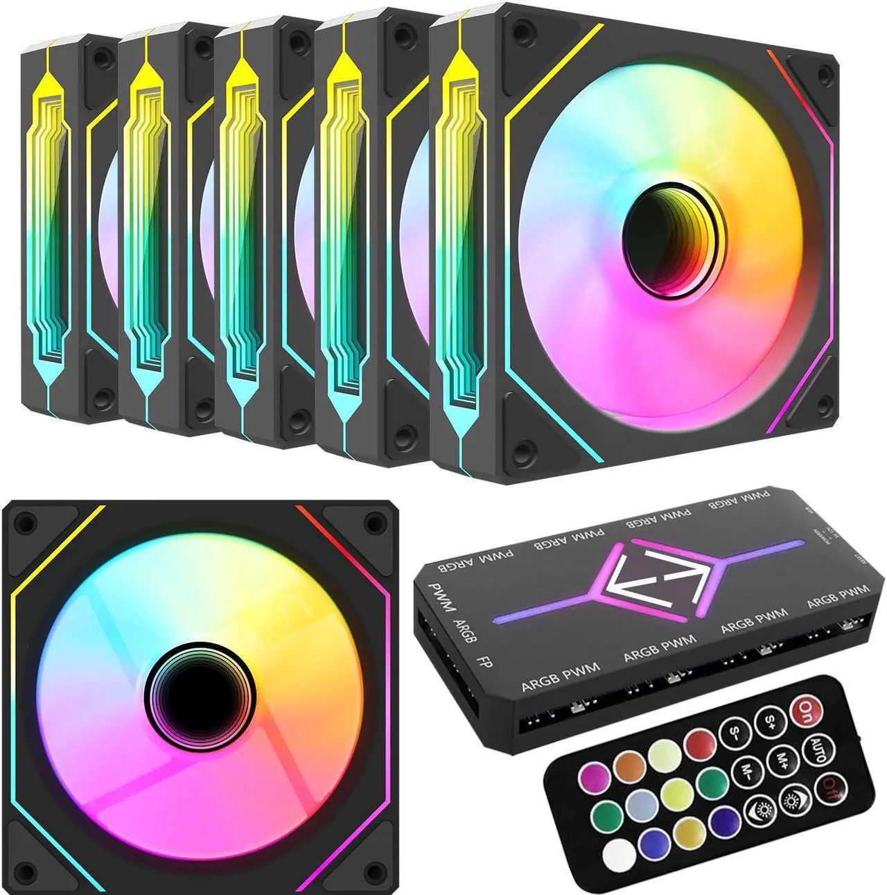RGB Fans:6 pack 120mm PWM ARGB Case Fan with Fan Hub and Remote,Speed Control,PW
