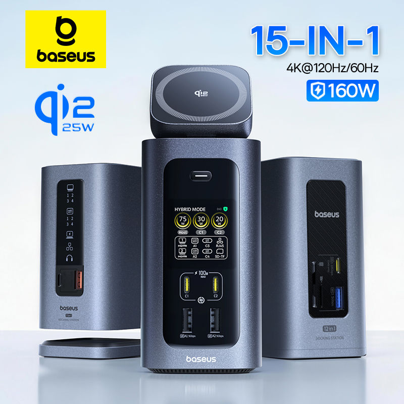 Baseus 160W 15-in-1 USB C HUB to 2 HDMI 4K@120Hz 60Hz with Qi2.2 25W Wireless Ch
