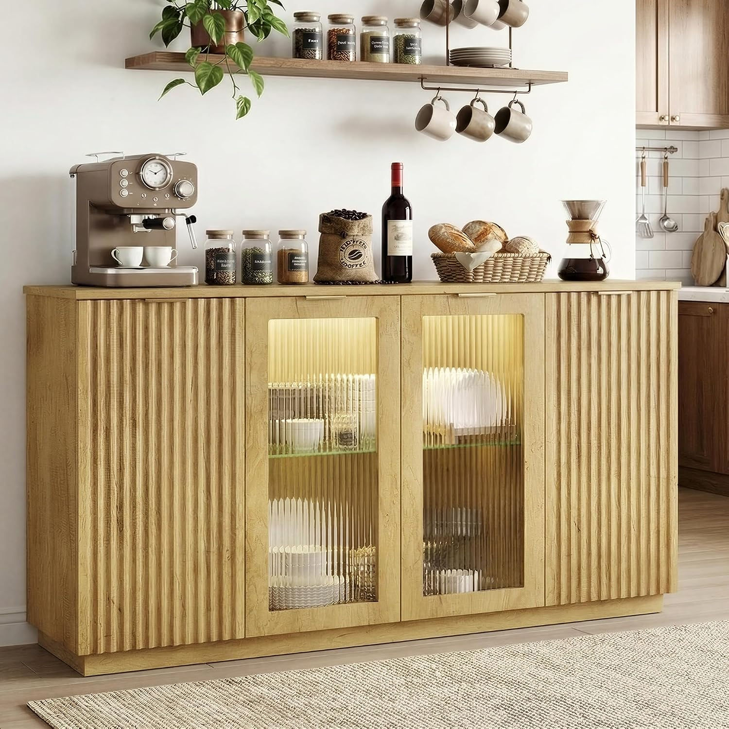 55" Sideboard Buffet Cabinet Glass Doors & LED Lights Storage Adjustable Shelves