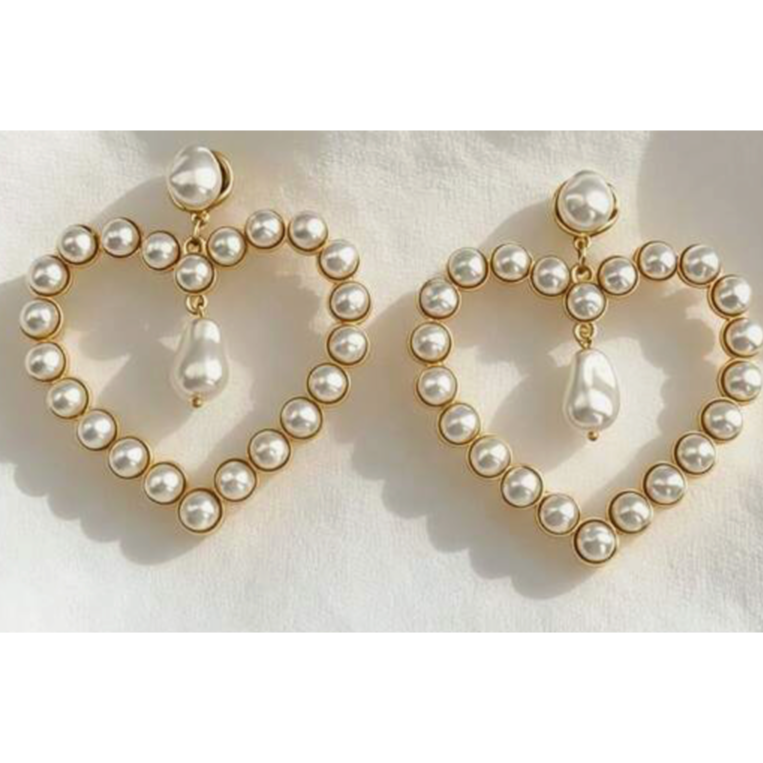 Faux Pearl Heart Large Hoop Earrings