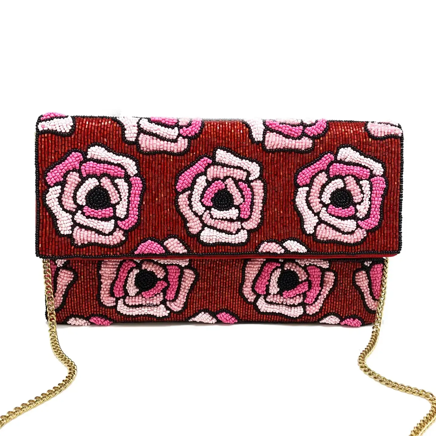 Red Beaded Clutch with Pink Beaded Roses