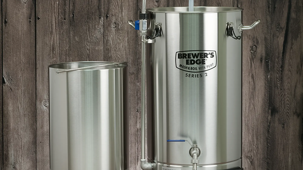 High angle view of a compact homebrewing setup in a kitchen