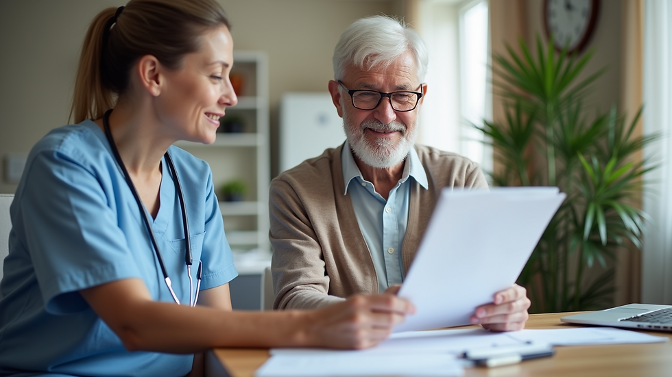 Close-up view of a caregiver and senior reviewing a care plan document