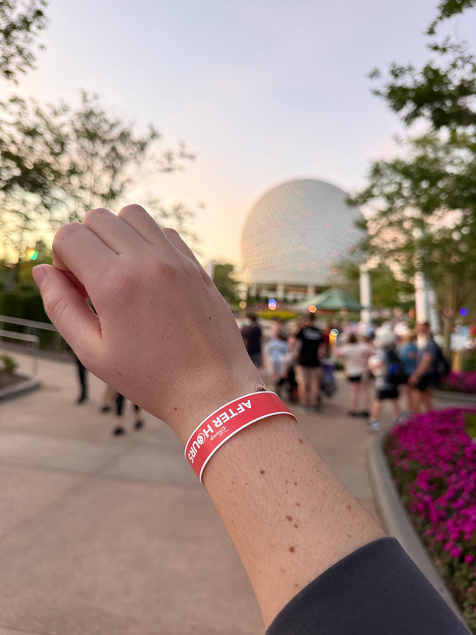 After Hours Wristband with EPCOT Ball in background
