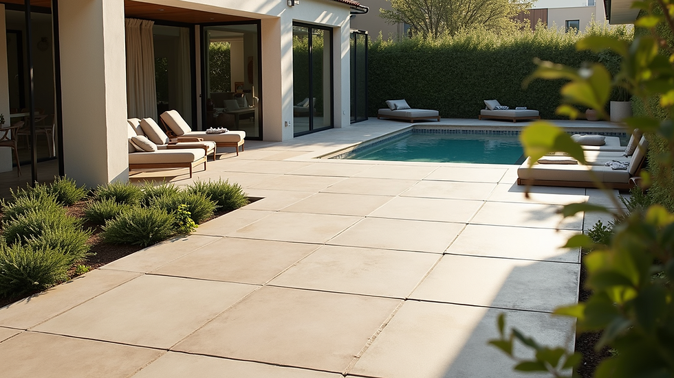 High angle view of a luxurious outdoor patio featuring large format tiles