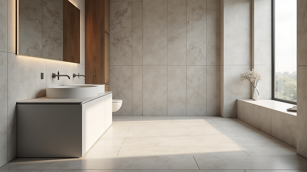 Eye-level view of large format tiles in a modern bathroom