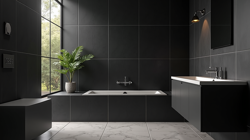 High angle view of a modern bathroom with black gloss tiled walls