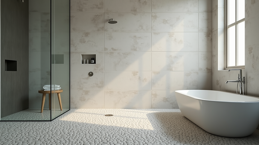Wide angle view of a textured pebble tile shower floor