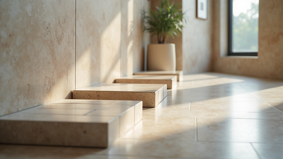 Close-up view of ceramic tiles arranged in a showroom